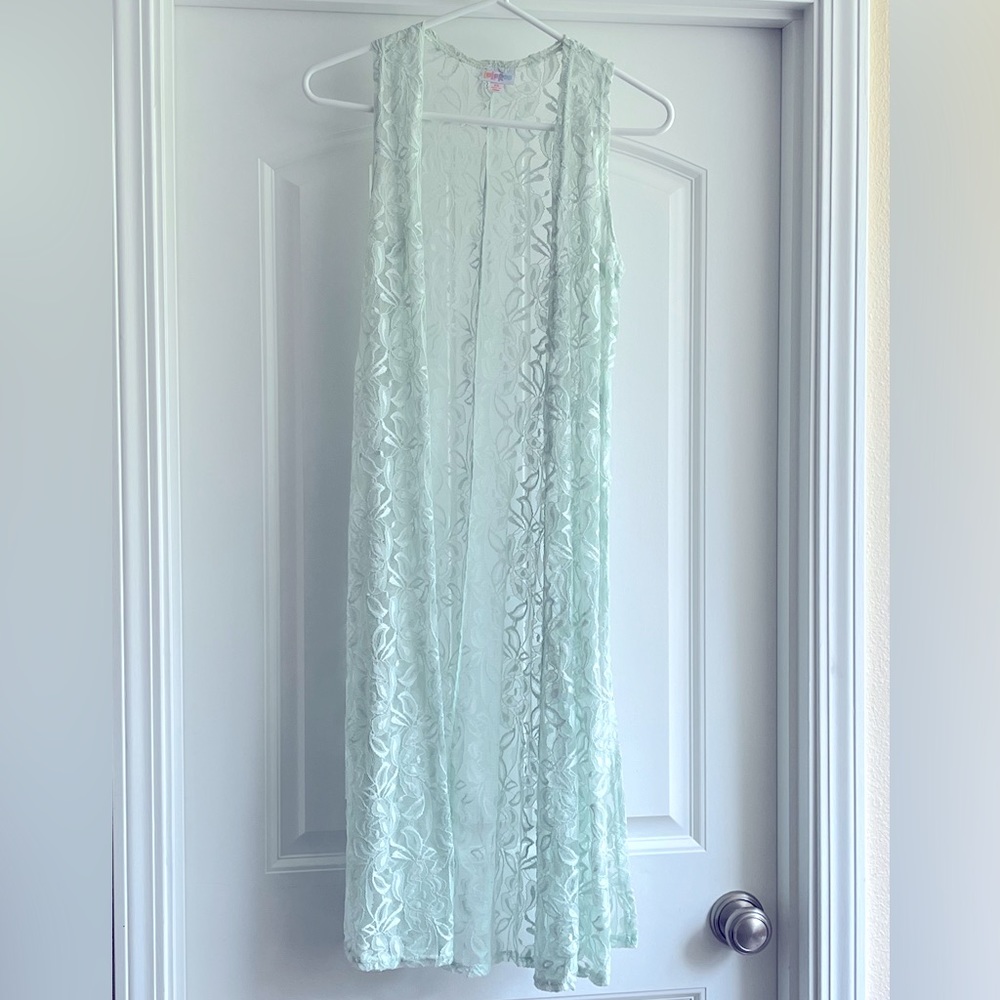 Mint green Lularoe lace style duster length vest size XS GUC